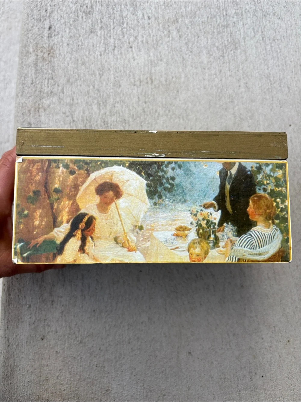 VTG Wood Trinket Box The Arbour Painting Print Victorian Cottagecore
